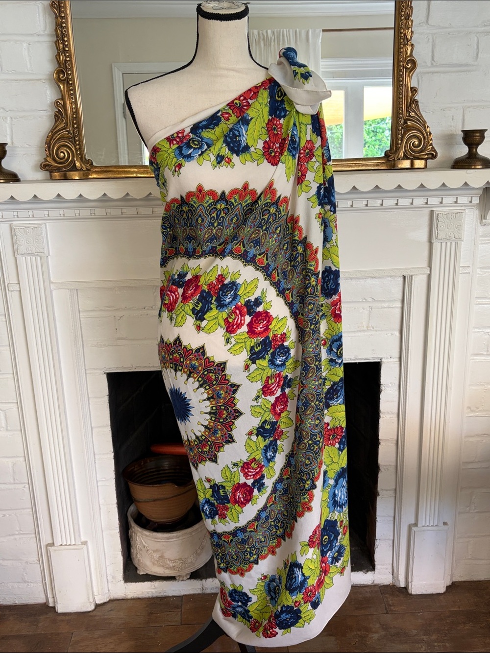 Vibrant Floral Medallion Maxi Wrap Scarf - White, Blue, Red, Lime